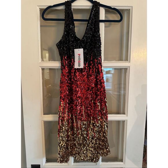Sleeveless Womens Sequin Dress V Neck Bodycon Mini large Black & Red & Gold - Picture 6 of 7